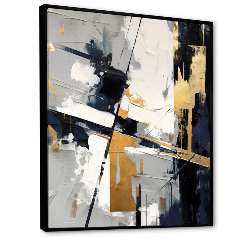 «Grey and Gold Impressions Transcendent II - Abstract Shapes», art mural, H 40 po x l 30 po x P 1,5 po, Cadre flottant noir