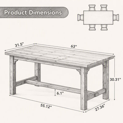 Table de conférence de 63 pouces en bois massif rustique, bureau de réunion rectangulaire brun