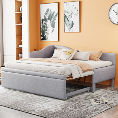 Twin Size Upholstered L-Shaped Upholstered Daybed With Pop Up Trundle, Gray