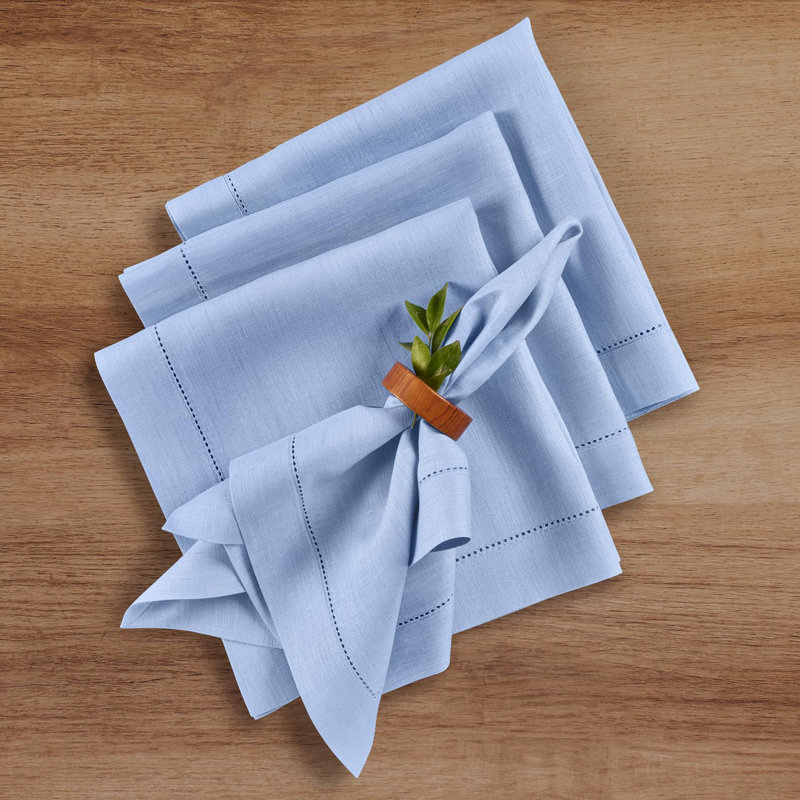 100% Pure Linen Hemstitch Dinner Napkins - Classic Hemstitch, Cornflower Blue