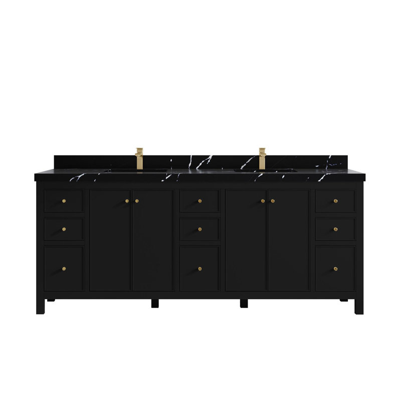 Meuble-lavabo double 84 po avec plateau Chicago, Noir Calacatta