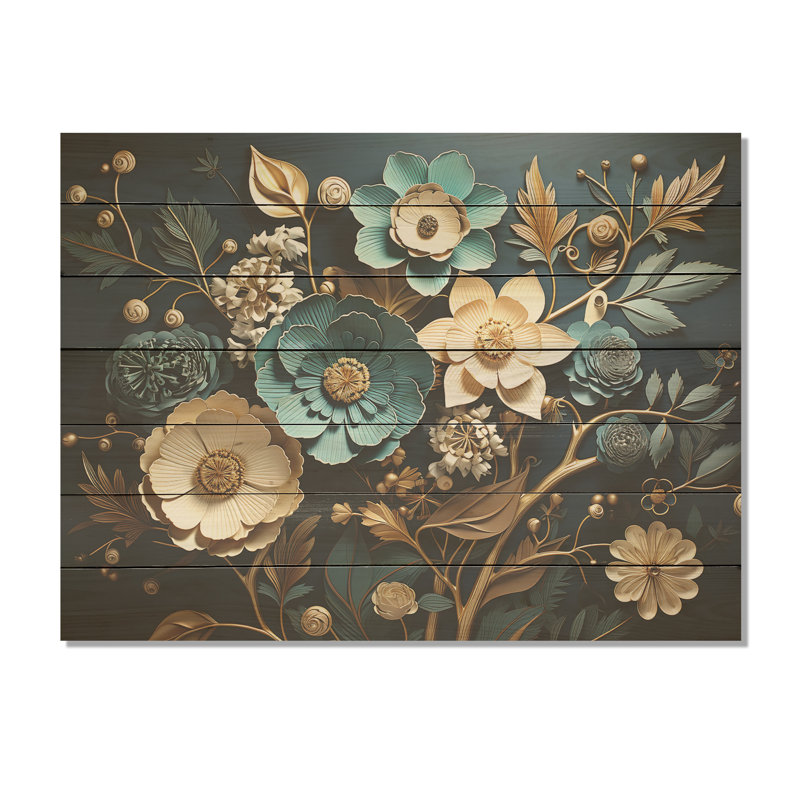 Bleu et or, charmante fleur de printemps élégante I - Fleurs sur bois, H 24 po x l 32 po x P 0,78 po