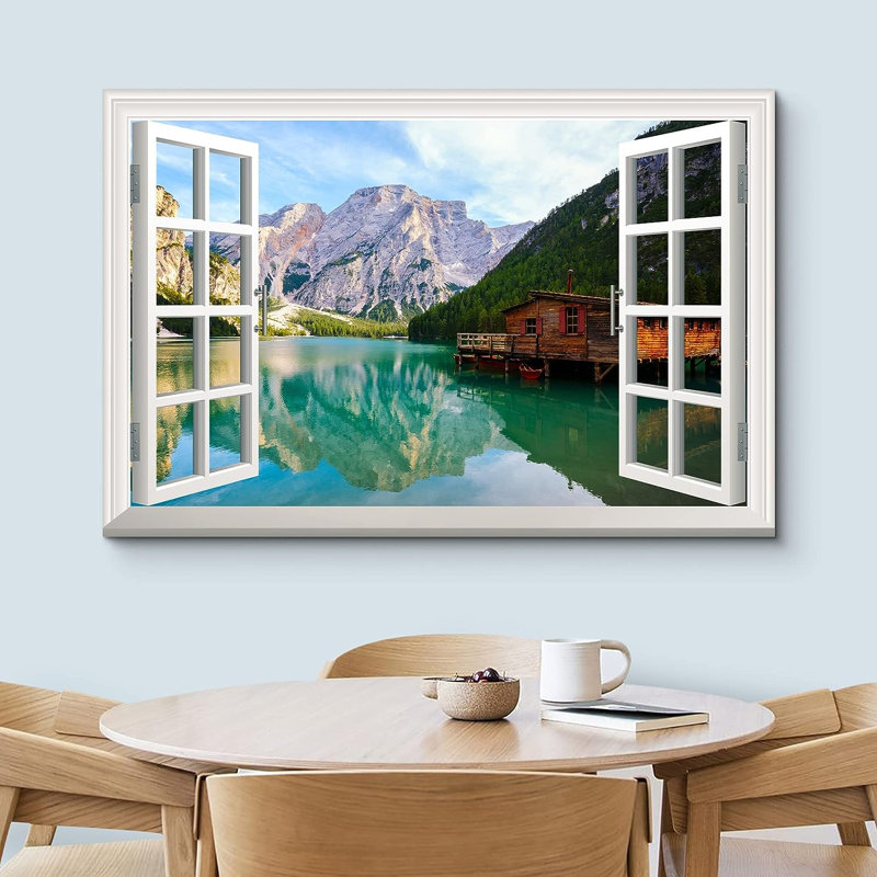 «Window View Landscape Cabin On Mountain Lake Nature Wilderness», reproduction sur toile, H 12 po x l 18 po x P 1,5 po
