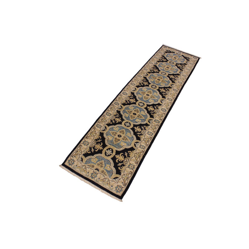 Tapis de couloir beige / noir / bleu en laine noué à la main 2 pi 7 po x 10 pi Grigori