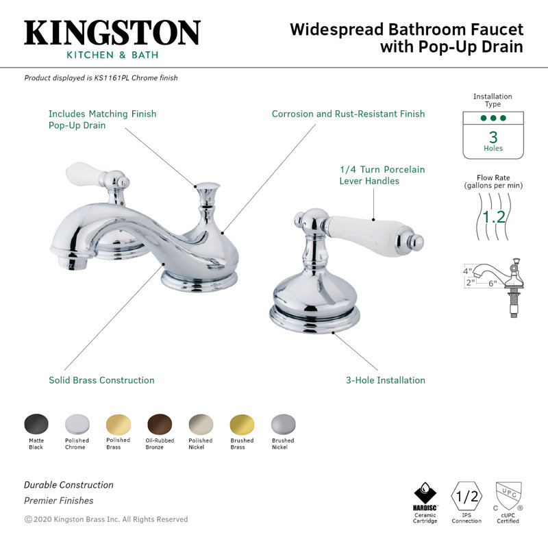 Kingston Brass Heritage Two-Handle 3-Hole Deck Mount Widespread Bathroom Faucet with Brass Pop-Up Drain, Oil Rubbed Bronze