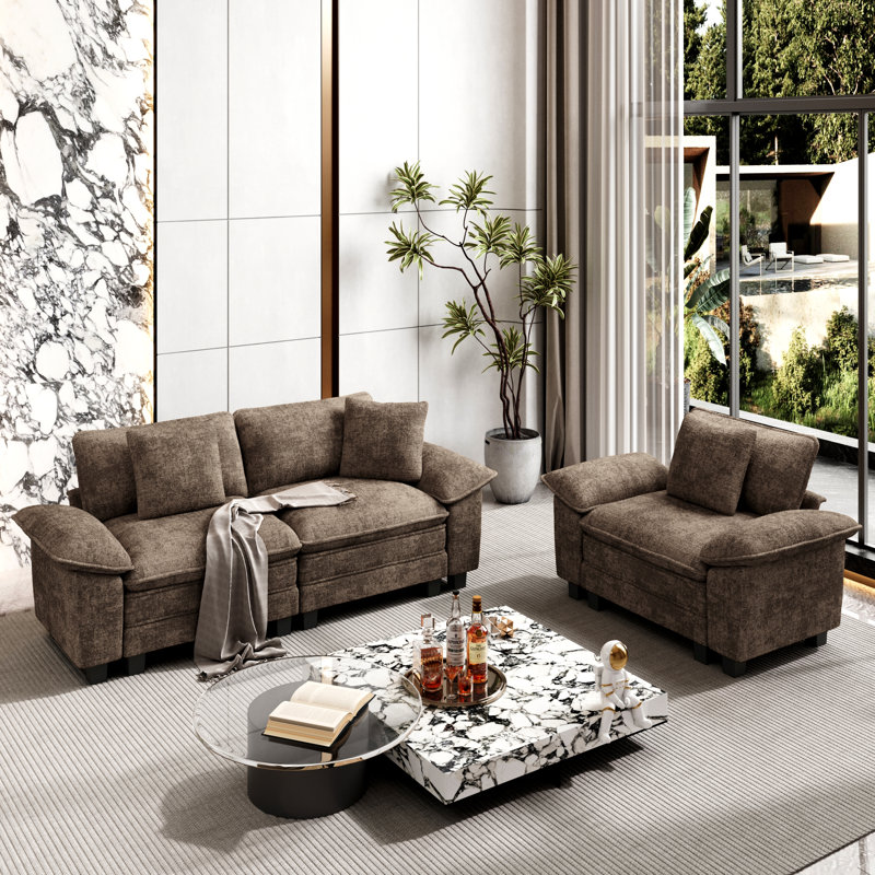 Ensemble de canapé modulaire rembourré 2 pièces, ensemble de canapé surdimensionné avec causeuse et fauteuil, Chenille brun