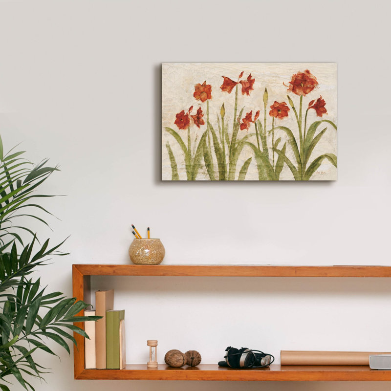 «Row of Red Amaryllis Light» par Cheri Blum, art mural sur toile, H 12 po x l 18 po x P 0,75 po