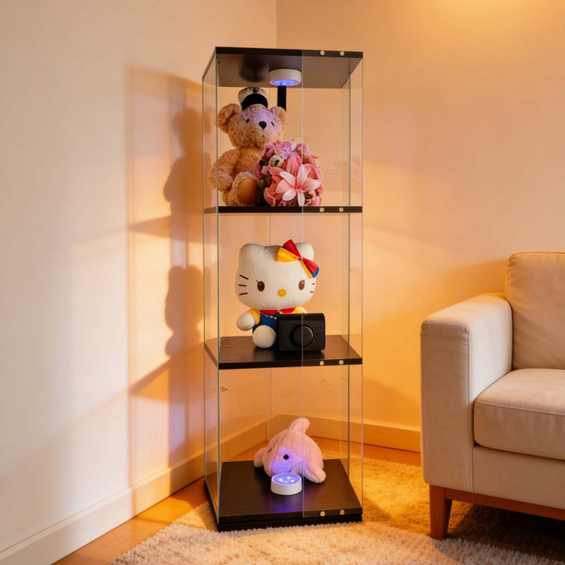 Rotatable Tempered Glass Display Cabinet with Remote-Controlled Lighting, Black