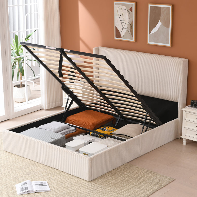 Wauseon Corduroy Upholstered Hydraulic Lift Storage Platform Bed , White, Queen