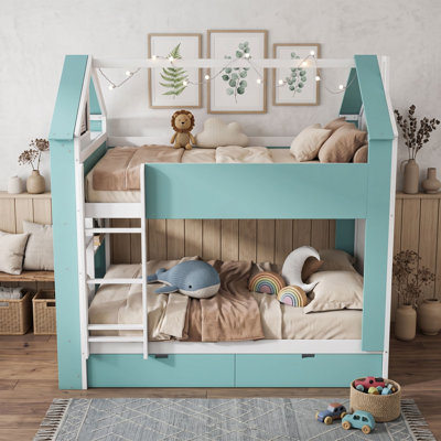 Lit superposé double en bois avec tiroirs de rangement, bande lumineuse et tablettes
