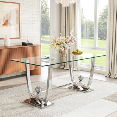 69" Glass Dining Table, Modern  Rectangular Kitchen Table With Stainless Steel W-Shape Pedestal Base And 0.39" Tempered Glass Top