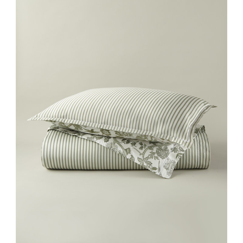Highgrove Toile Classic Printed Duvet Sets, Queen Duvet Cover + 2 Queen Shams, Green Striped