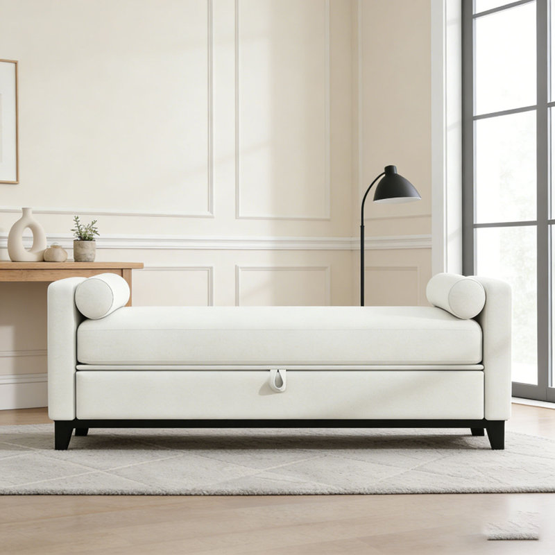 Banc rembourré en bois massif, 66,34 pouces, Beige + noir