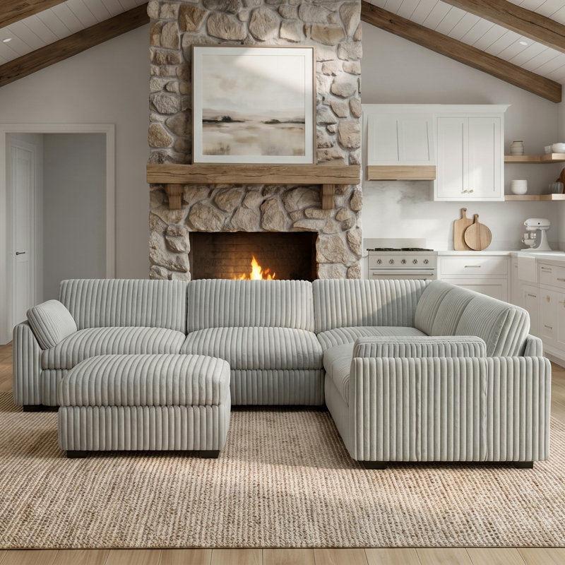 Canapé modulaire en L avec repose-pieds amovible Corduroy, Velours côtelé gris