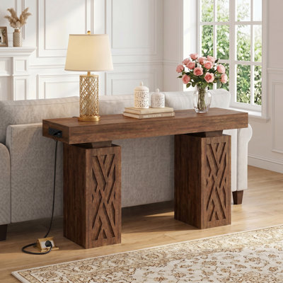 Console 47 po avec prises réversibles et lumière RVB, table d'entrée épaisse avec pieds de rangement creux sculptés