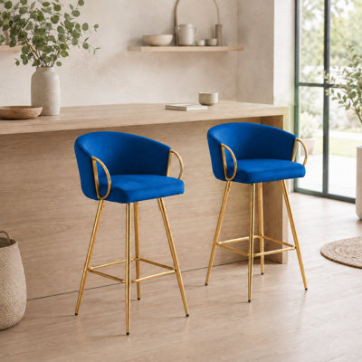 Velvet Barstool Two-piece Set with Metal Armrests and Rectangular Footrest