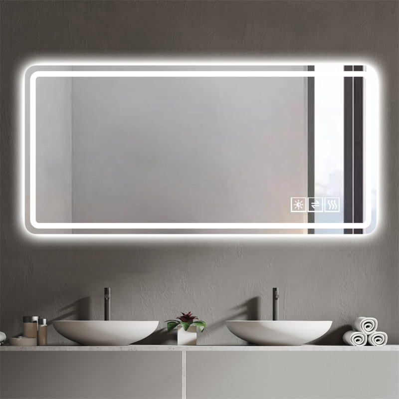 Miroir de salle de bain 28 po x 60 po à DEL, miroir mural, antibuée, à intensité variable, verre trempé incassable, idéal pour la décoration murale de salle de bain, le maquillage et le rasage
