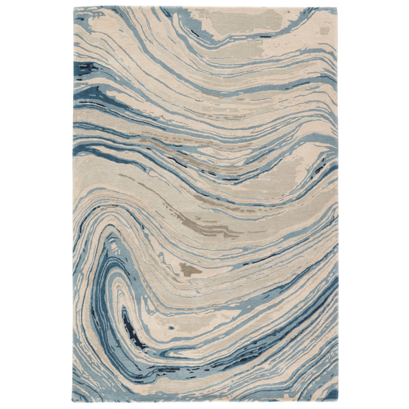 Tapis bleu à motif abstrait touffeté et fabriqué à la main à la main Koziol, Rectangle 5 pi x 8 pi