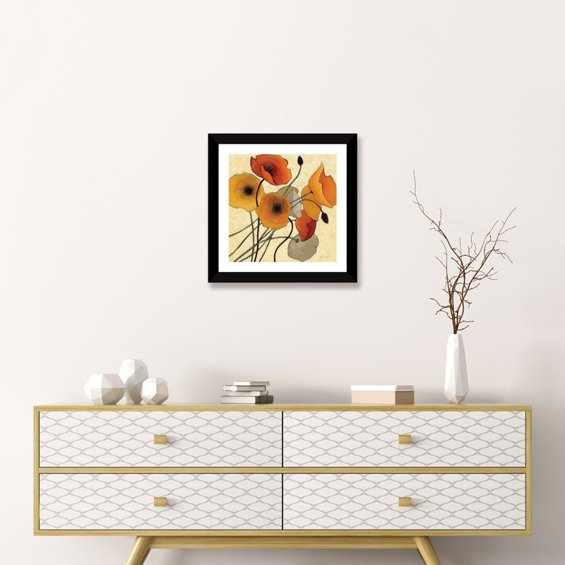 " Pumpkin Poppies II " by Shirley Novak, 16" H x 16" W x 1" D, Black Paper Framed