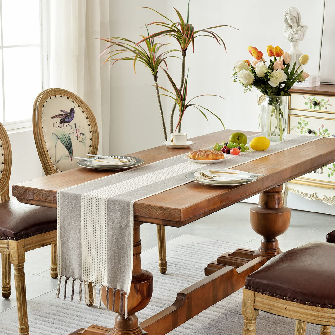Cotton Linen Table Runner 180cm Long with Tassels, Macrame Table Runner for Holiday Parties and Everyday Use