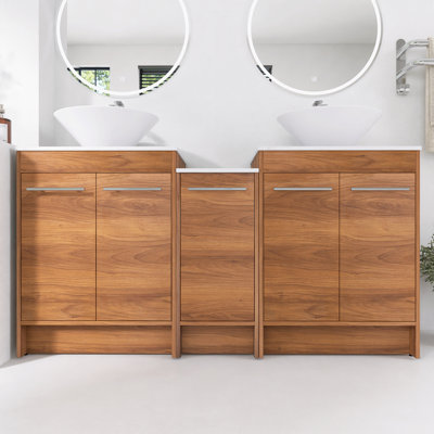 Meuble-lavabo autoportant de 60 po avec lavabo vasque en céramique blanche et 5 portes d'armoire à fermeture en douceur