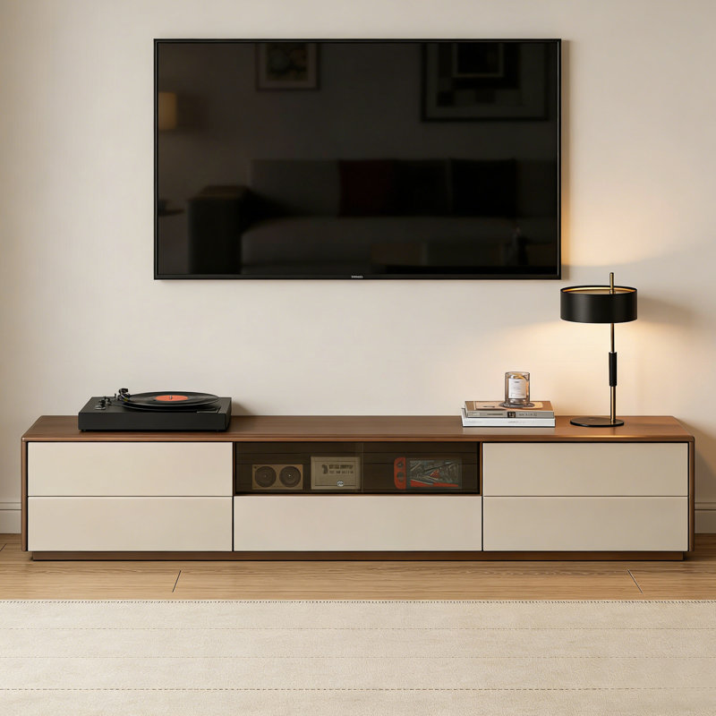 Walnut & Rubber Wood TV Stand, 14.96"H x 86.61"L x 15.75"W