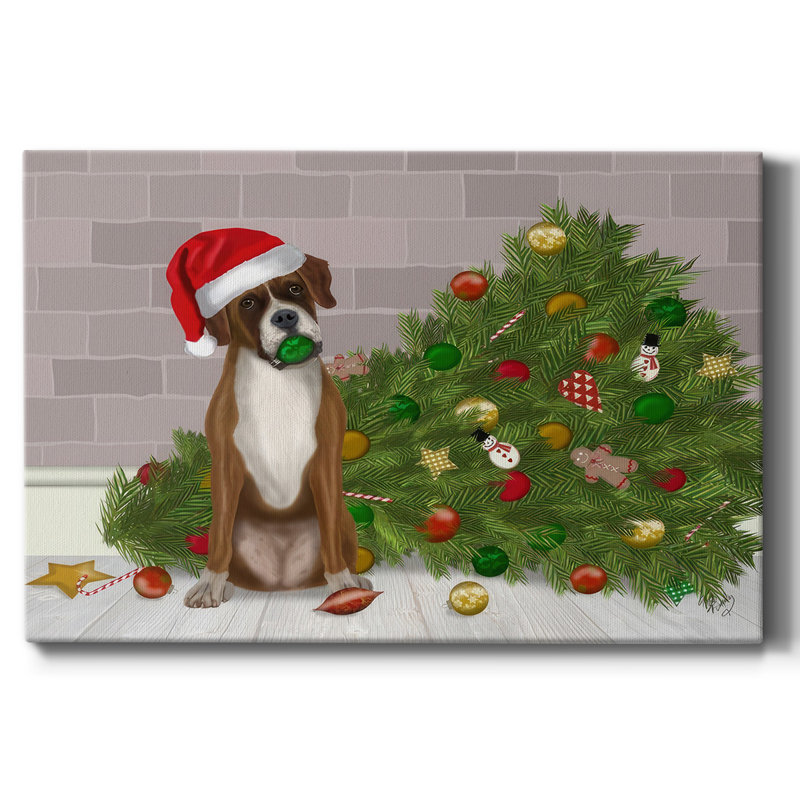Boxer de Noël et arbre de Noël cassé, H 32 po x l 48 po x P 1,5 po