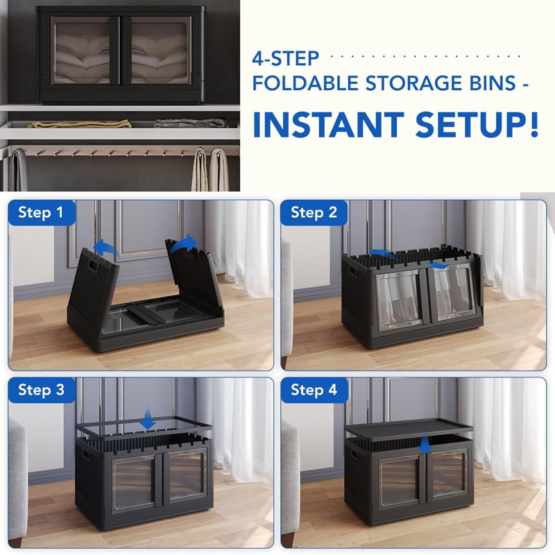 QT-3 Pack Stackable Storage Bins With Lids, Collapsible Plastic Storage Bins, Closet Organizers and Storage Containers with Doors For Home, Black, 25" L x 15.5" W x 42.5" H