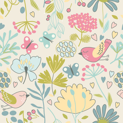 Panneau de papier peint auto-adhésif L 10,4 pi x l 25 po Pink Birds and Flowers