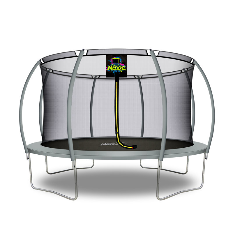 Machrus Moxie Pumpkin-Shaped Outdoor Trampoline Set with Top-Ring Frame Safety Enclosure, 14 FT, Gray