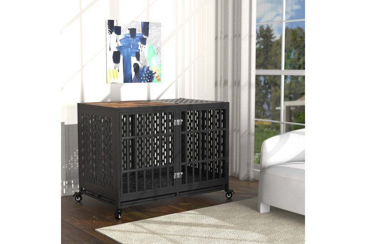 modern black metal dog crate in an entryway