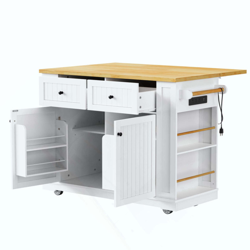 Kitchen Island With 2 Bar Stools, Power Outlet, Door Internal Storage Rack, Kitchen Storage Cart On 5 Wheels With Drop Leaf, 5 Open Side Racks, 2 Drawers (Three Packages)