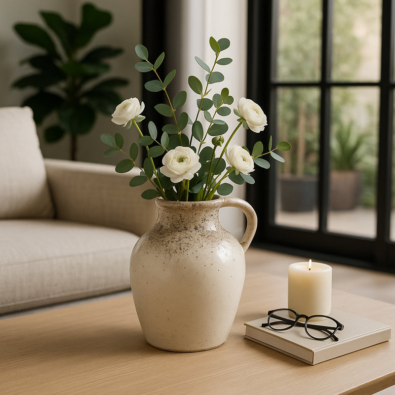 Modern Rustic Terracotta Tall Flower Vase With Speckled Finish - Elevated Home Decor Accent Vases For Table - Ivory/Brown