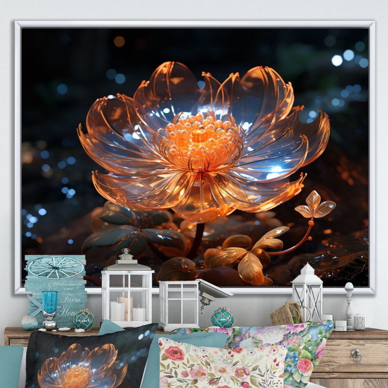 Fleurs de cristal orange III sur toile, Cadre flottant blanc, H 16 po x l 32 po x P 1,5 po