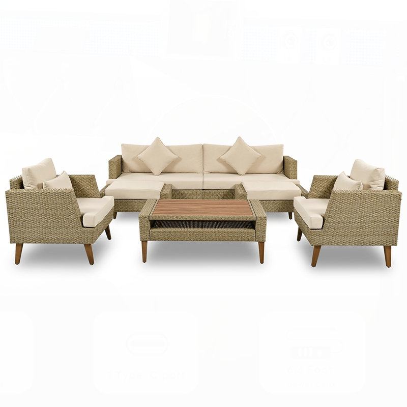 Ensemble de canapé en osier 6 pièces avec coussins doubles et plateau de table en bois 6 pièces pour un confort et un style extérieurs