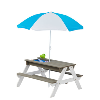 Wooden Outdoor ' Table With Foldable Umbrella - 31 Sand And Water For Backyard Entertainment Time Detachable Picnic Games Fun