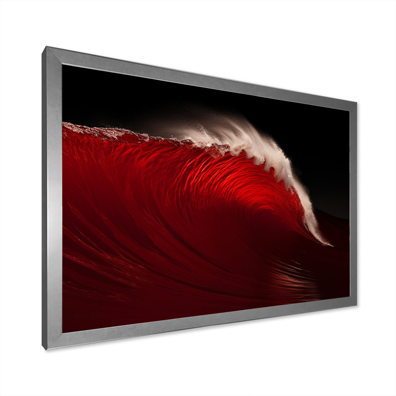 " Minimalism Black Red Wave Scenery ", 34" H x 44" W x 1.5" D, Silver Picture Framed