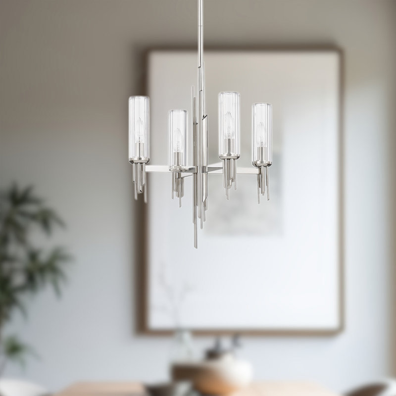Torres 4 - Light Chandelier, Polished Nickel/Clear Ribbed