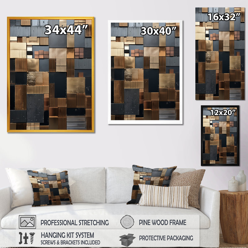 Carreau abstrait brun, charme mosaïque - tuile abstraite, art mural, Cadre flottant noir, H 32 po x l 24 po x P 1 po