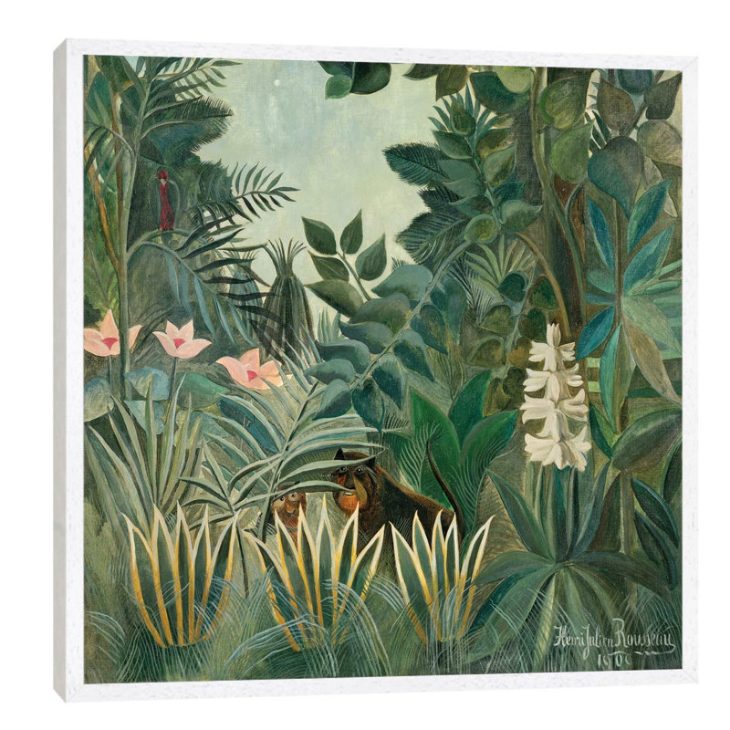 The Equatorial Jungle, 1909 by Henri Rousseau - Floater Frame Painting on Canvas, 45.72 cm H x 45.72 cm W, White Framed