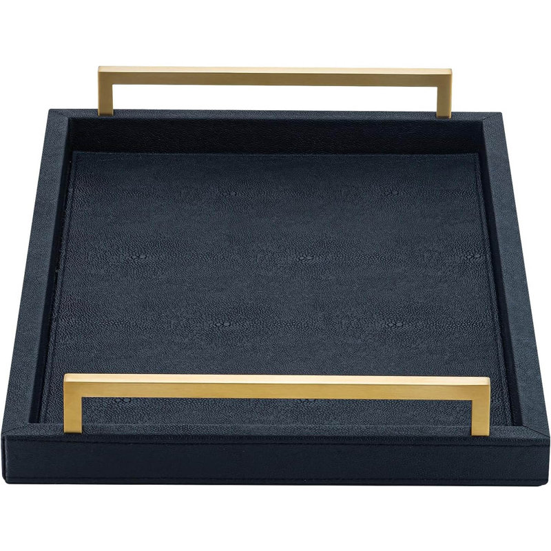 Faux Leather Serving Tray With Brushed Gold Handles, Black
