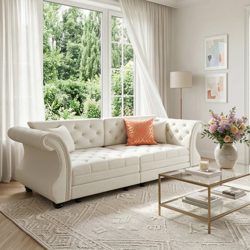 Grand canapé-lit Chesterfield de 84 po, H 34,6 po x l 84 po x P 33 po, Blanc / beige