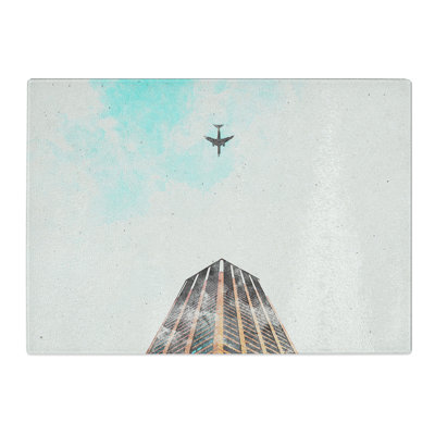 Tempered Glass Airplane Flying Above Tokyo Watercolour Chopping Board