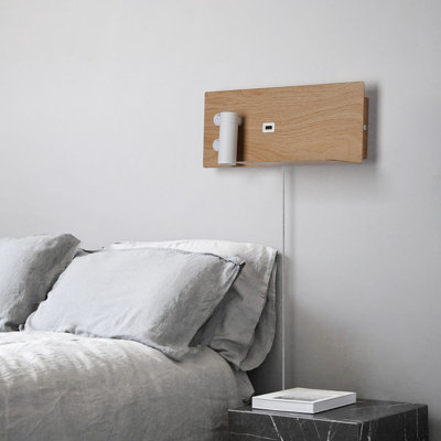 Modern Wood Led Plug In Wall Sconce With Shelf Mount Reading Lamp For Bedroom