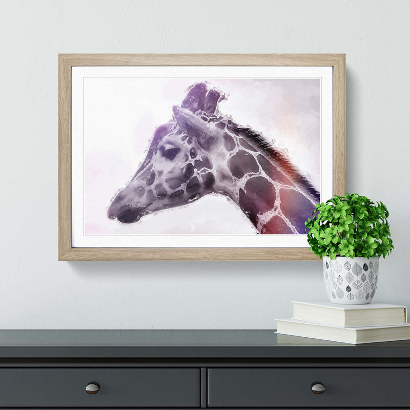 Giraffe with Purple Haze - Picture Frame Painting Print, 27cm H x 36cm W x 2cm D, Oak Framed