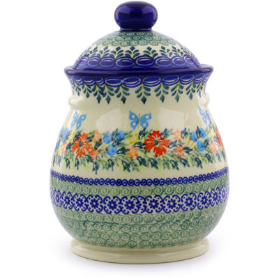 Genuine Polish Pottery Jar with Lid in Red Cornflower And Blue Butterflies Design Signature UNIKAT handmade in Boleslawiec Poland by Ceramika Bona