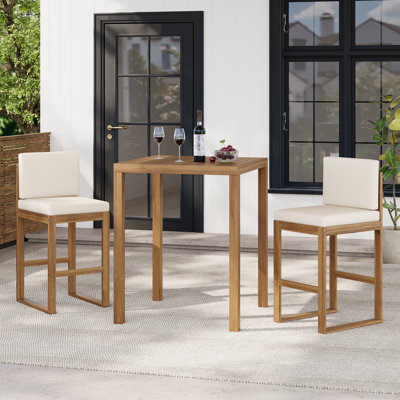 Vine Patio 3-Piece Acacia Wood Bar Height Dining Set With Cushions