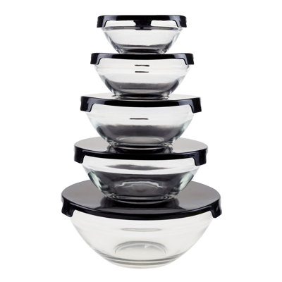 Glass Mixing Bowls with Lids Set - 5 Pack Full Set with Multiple Bowl Sizes for Kitchen Pantry Storage, Meal Prep, Mixing, and Serving (Black)