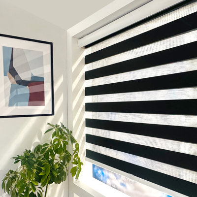 Shadesu Cordless Zebra Shades – Dual Layer Day & Night Free-Stop Light Filtering Window Blind, 47" W x 72" H, Black
