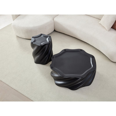 19.69'' Round Side Table Fully Assembled, Unique Petal Shape Root Texture Fluted Drum Table, Modern Black Fiberglass No Assembly Required for Living Room Apartment Office